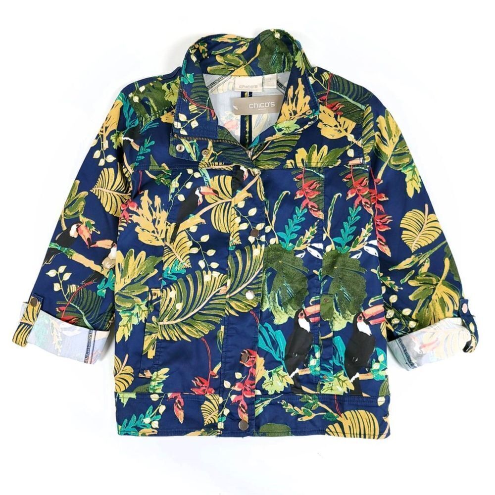 NWT Chicos Tropical Luxe Twill Utility Jacket Hawaiian Toucan Print Resort Navy